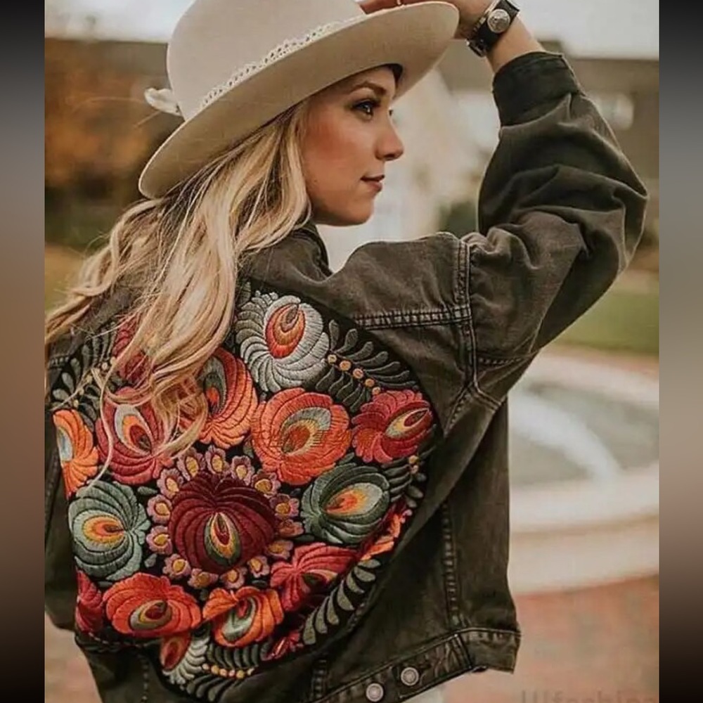 Black bohemian stitched embroidered denim jacket coat - Picture 2 of 15